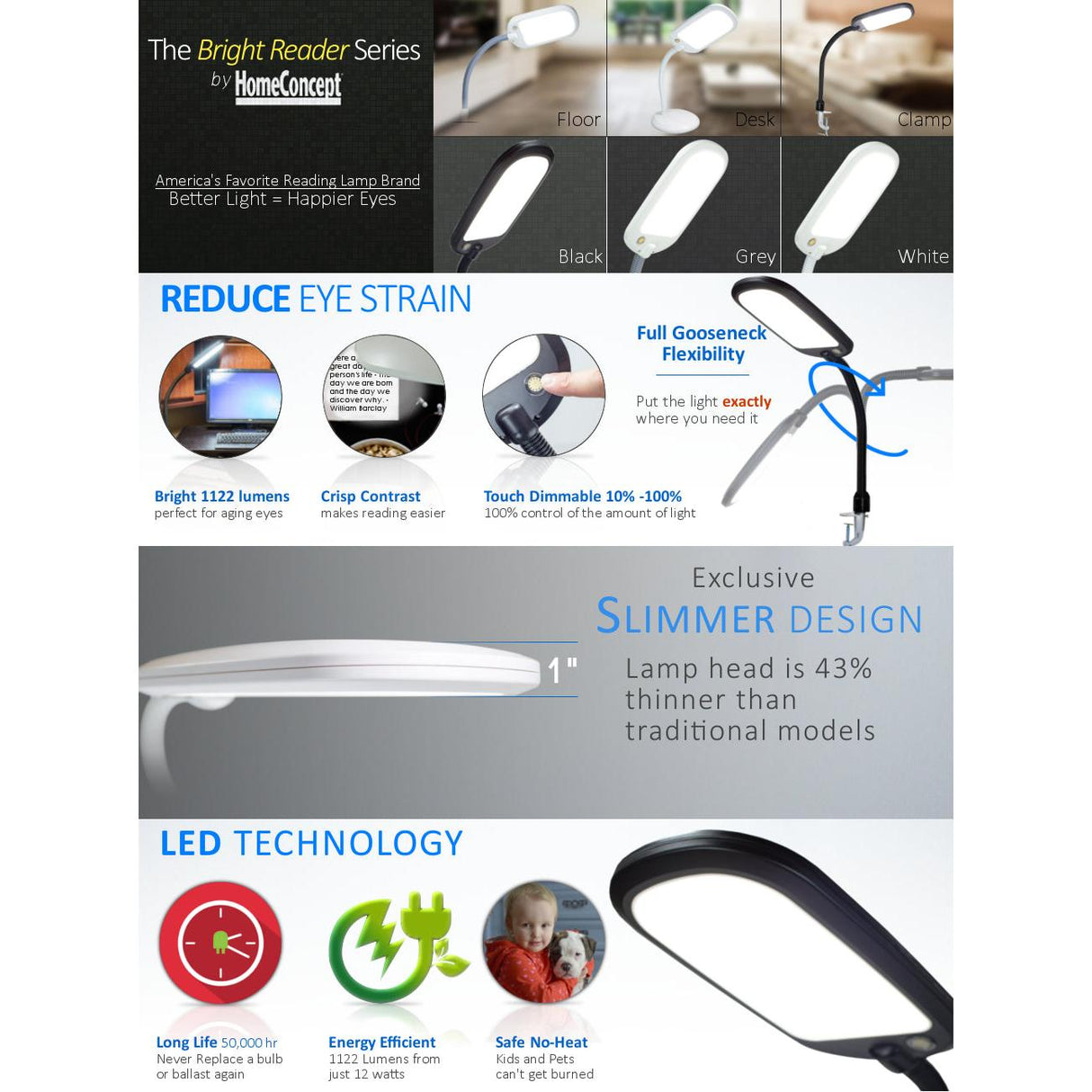26"H Clamp-on LED Bright Reader Desk Lamp