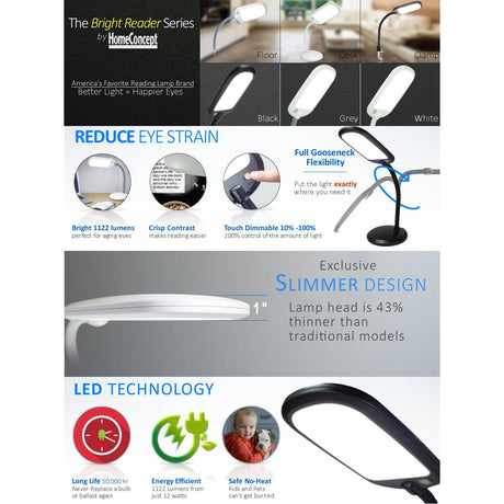 26"H LED Bright Reader Natural Daylight Full Spectrum Desk Lamp Grey
