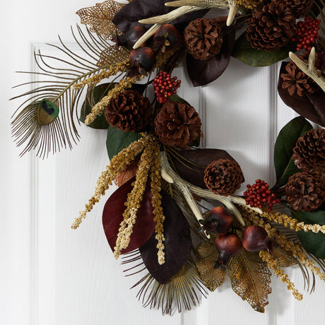 27” Magnolia Leaf, Berry, Antler and Peacock Artificial Wreath-Wreath-Parc Decor