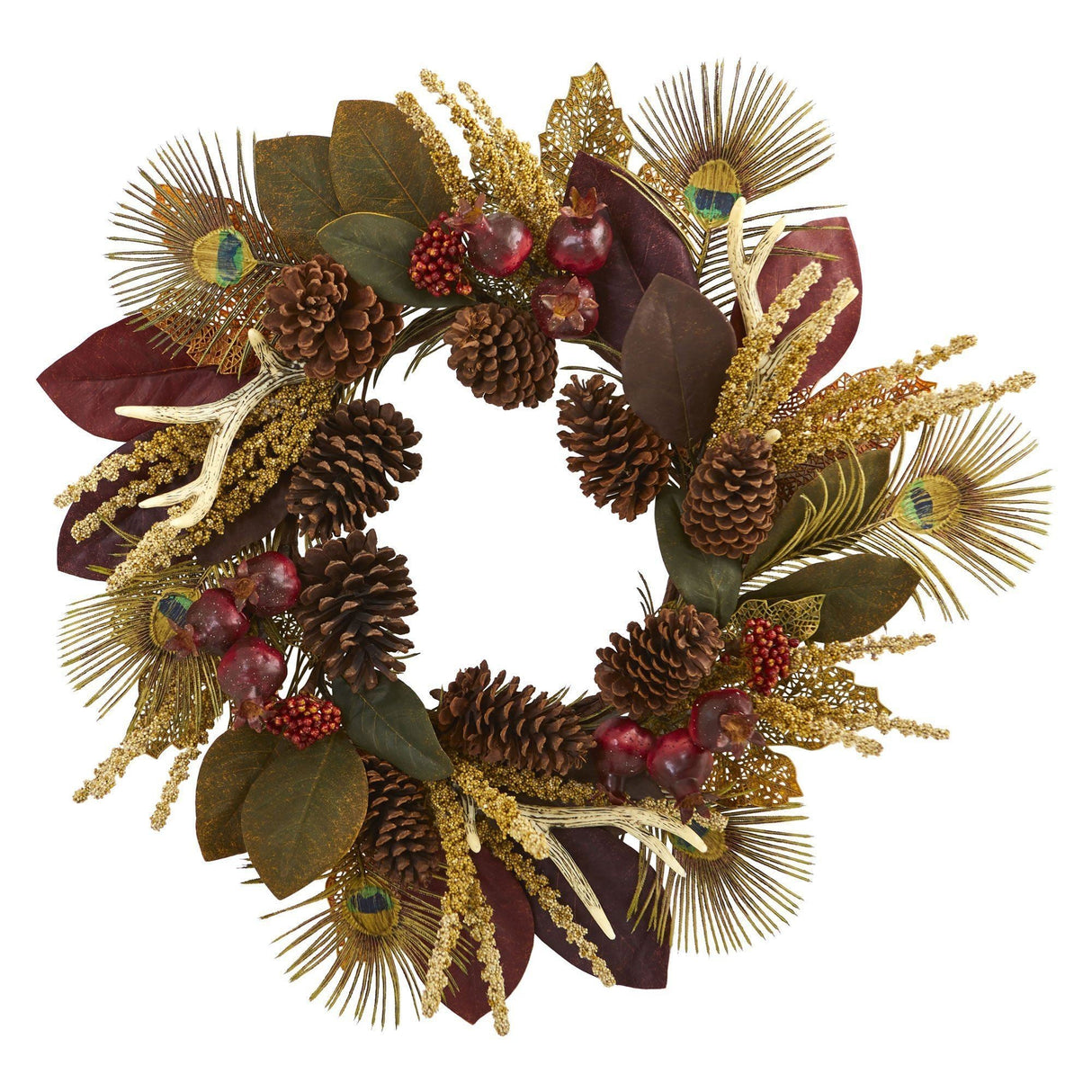 27” Magnolia Leaf, Berry, Antler and Peacock Artificial Wreath-Wreath-Parc Decor