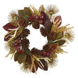 27” Magnolia Leaf, Berry, Antler and Peacock Artificial Wreath-Wreath-Parc Decor