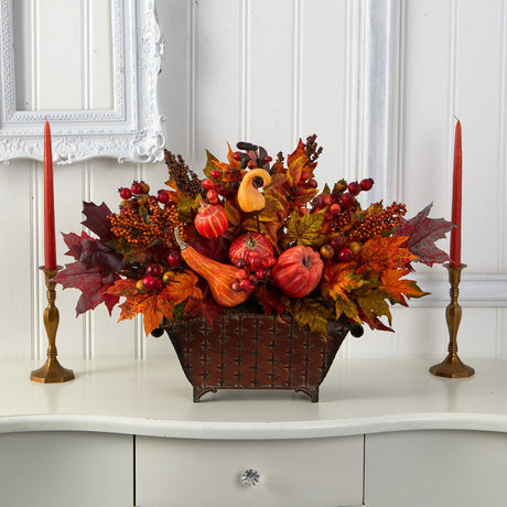 27” Pumpkin, Maple Leaf and Berries Artificial Arrangement in Metal Vase-Arrangement-Parc Decor