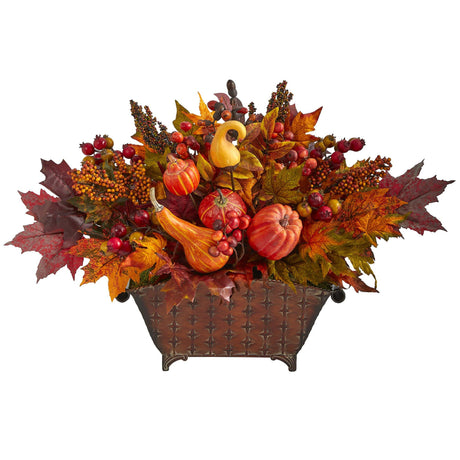 27” Pumpkin, Maple Leaf and Berries Artificial Arrangement in Metal Vase-Arrangement-Parc Decor