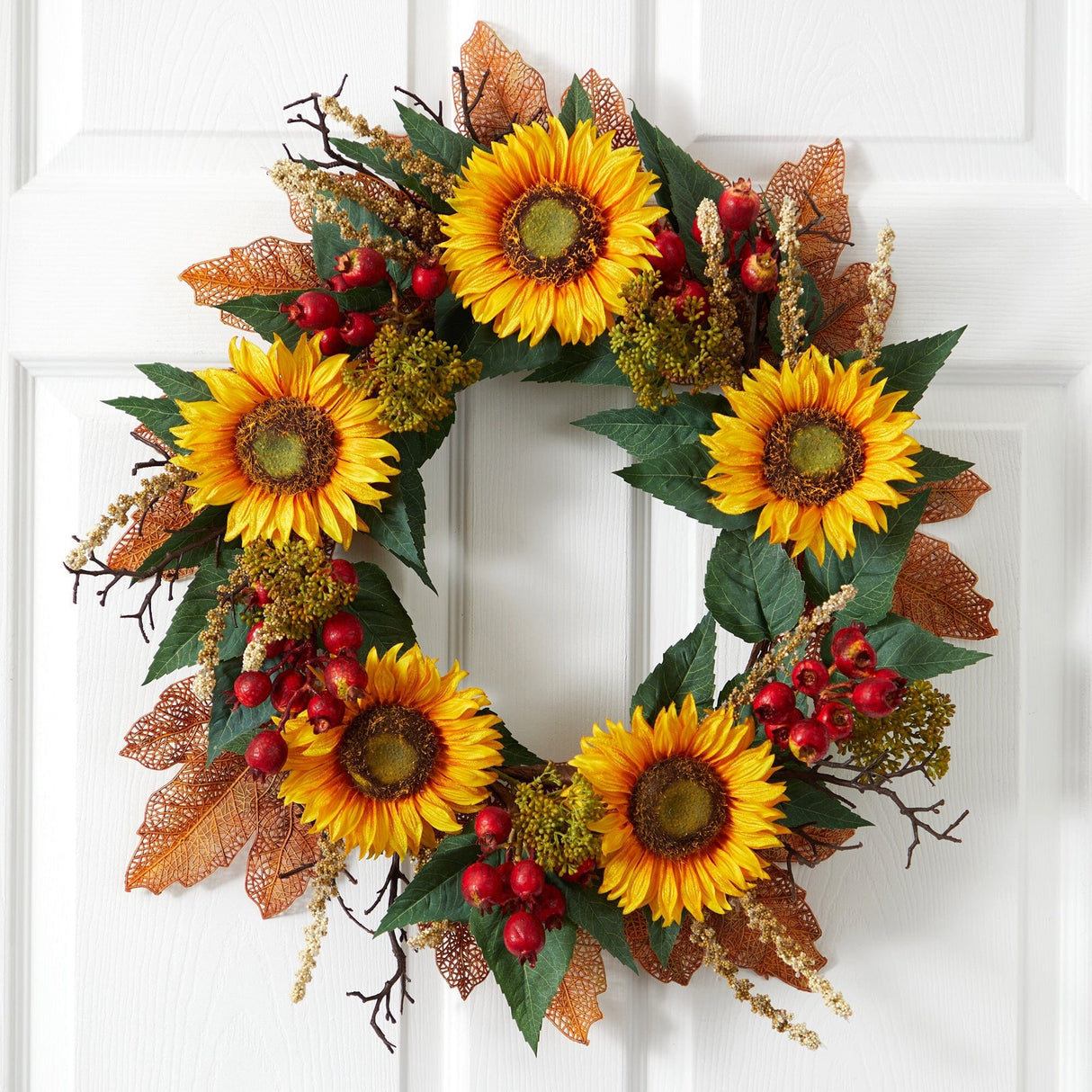 27” Sunflower Berry Artificial Wreath-Wreath-Parc Decor