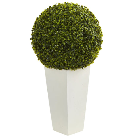 28” Boxwood Topiary Ball Artificial Plant in White Tower Planter (Indoor/Outdoor)-Parc Decor