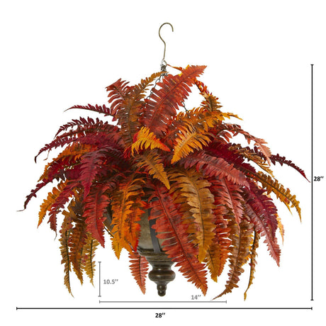 28” Autumn Boston Fern Artificial Plant in Hanging Metal Bowl-Plant in Planter-Parc Decor