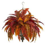 28” Autumn Boston Fern Artificial Plant in Hanging Metal Bowl-Plant in Planter-Parc Decor