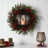 28” Berries and Pine Artificial Christmas Wreath with Lantern and Included LED Candle-Wreath-Parc Decor