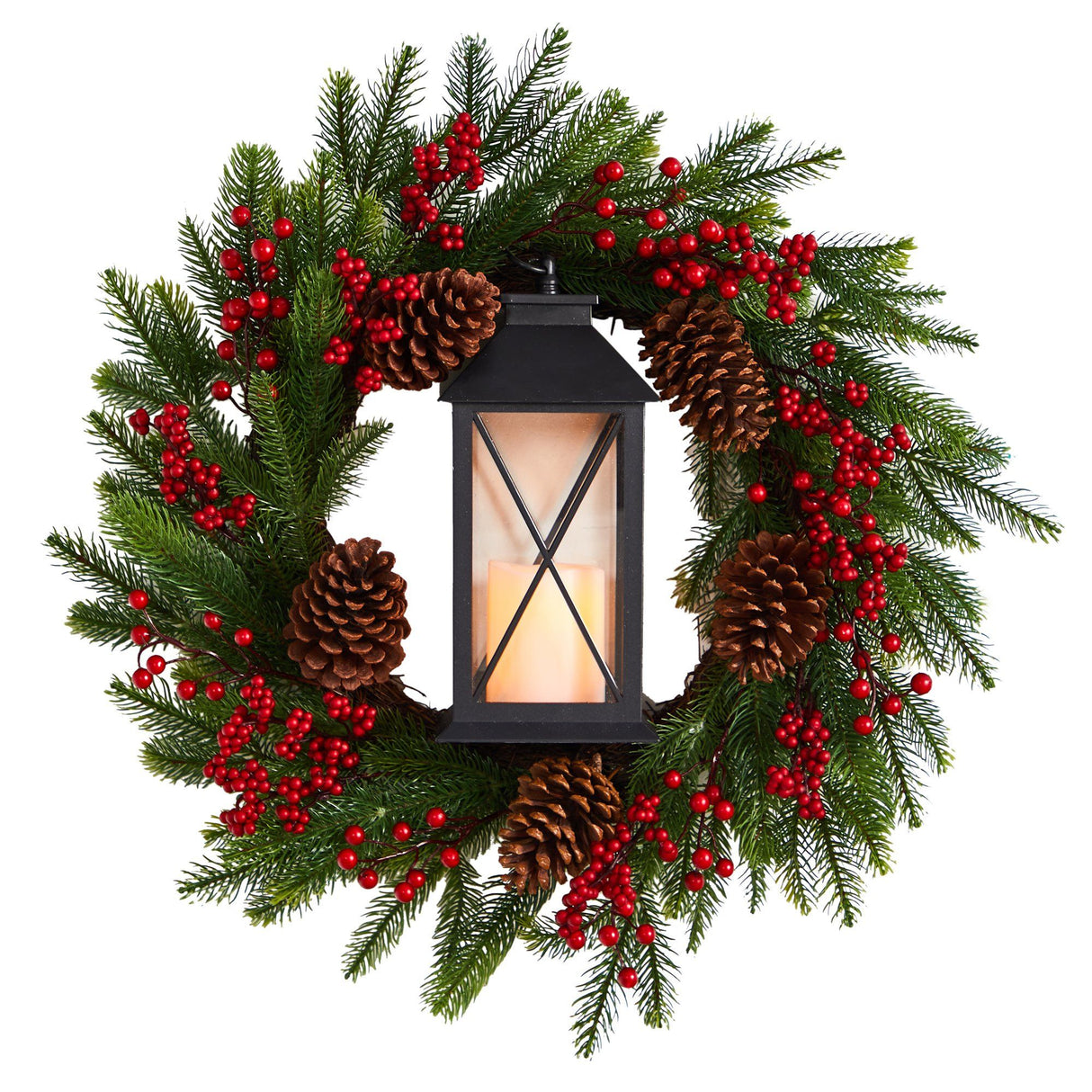 28” Berries and Pine Artificial Christmas Wreath with Lantern and Included LED Candle-Wreath-Parc Decor