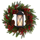 28” Berries and Pine Artificial Christmas Wreath with Lantern and Included LED Candle-Wreath-Parc Decor