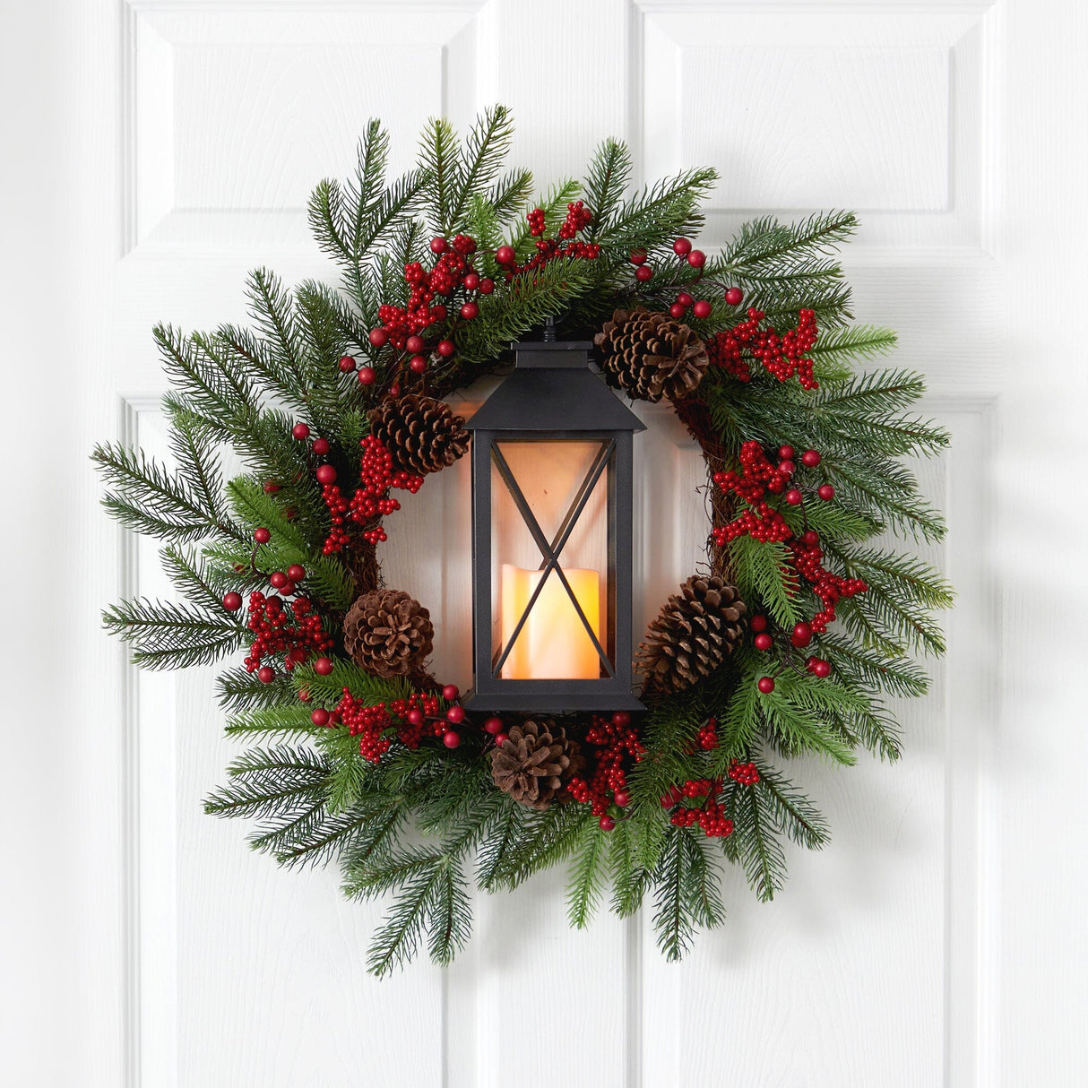 28” Berries and Pine Artificial Christmas Wreath with Lantern and Included LED Candle-Wreath-Parc Decor