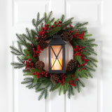 28” Berries and Pine Artificial Christmas Wreath with Lantern and Included LED Candle-Wreath-Parc Decor