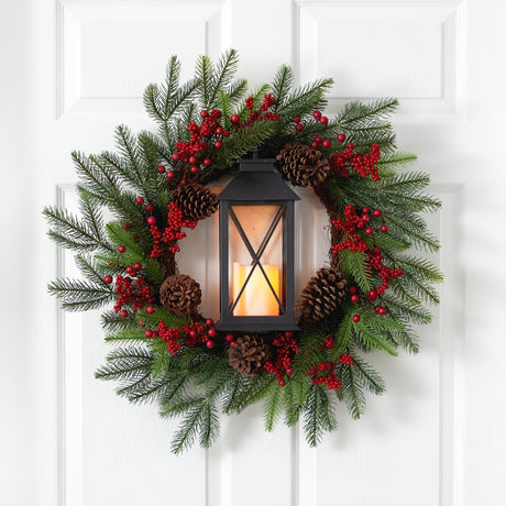 28” Berries and Pine Artificial Christmas Wreath with Lantern and Included LED Candle-Wreath-Parc Decor