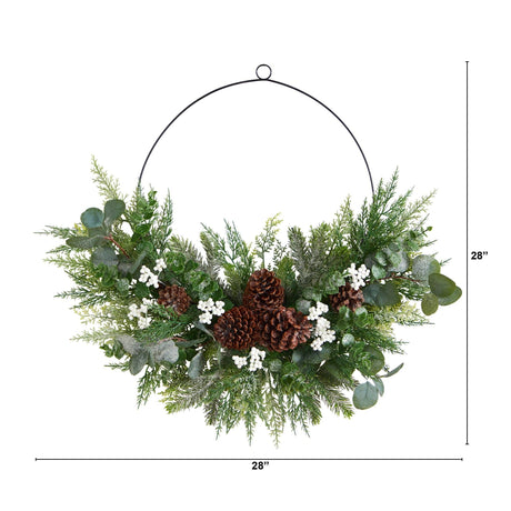 28” Christmas Pine, Eucalyptus, and Berries Metal Circlet Artificial Wreath-Wreath-Parc Decor