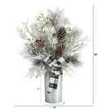 28” Frosted Greenery and Pinecone with Plaid Bow Artificial Christmas Arrangement in Decorative Tin-Candelabrum-Parc Decor