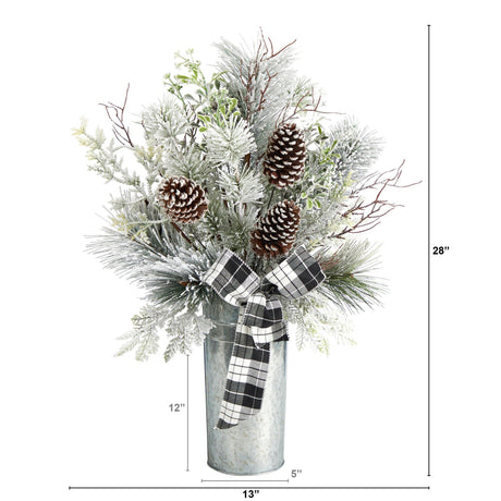 28” Frosted Greenery and Pinecone with Plaid Bow Artificial Christmas Arrangement in Decorative Tin-Candelabrum-Parc Decor