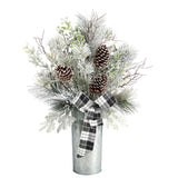 28” Frosted Greenery and Pinecone with Plaid Bow Artificial Christmas Arrangement in Decorative Tin-Candelabrum-Parc Decor