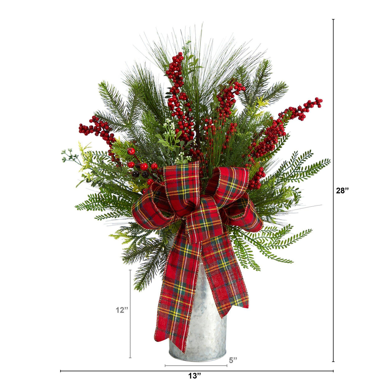 28” Holiday Winter Greenery, Berries and Plaid Bow Artificial Christmas Arrangement Home Décor-Candelabrum-Parc Decor