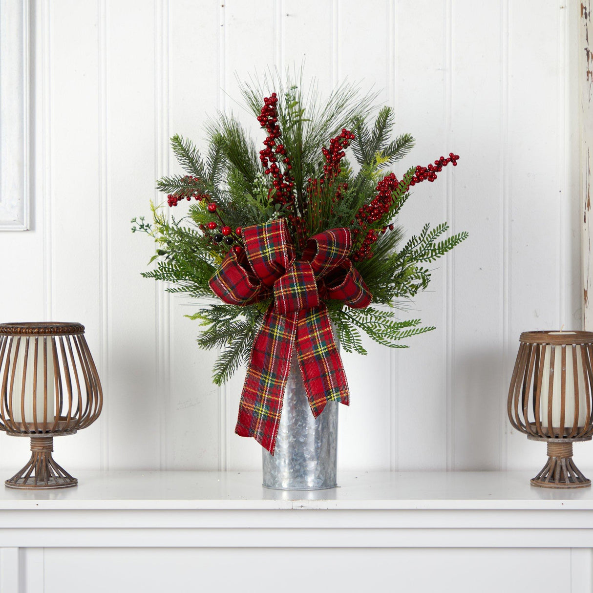 28” Holiday Winter Greenery, Berries and Plaid Bow Artificial Christmas Arrangement Home Décor-Candelabrum-Parc Decor
