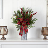 28” Holiday Winter Greenery, Berries and Plaid Bow Artificial Christmas Arrangement Home Décor-Candelabrum-Parc Decor
