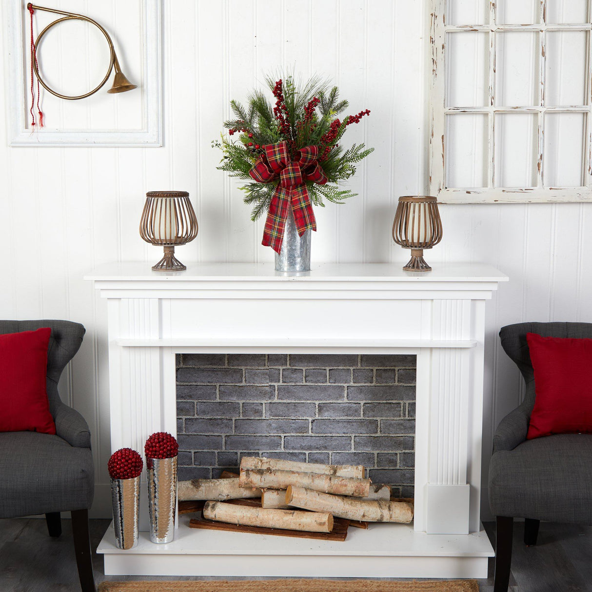 28” Holiday Winter Greenery, Berries and Plaid Bow Artificial Christmas Arrangement Home Décor-Candelabrum-Parc Decor