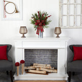 28” Holiday Winter Greenery, Berries and Plaid Bow Artificial Christmas Arrangement Home Décor-Candelabrum-Parc Decor