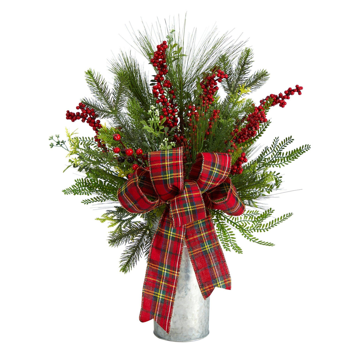 28” Holiday Winter Greenery, Berries and Plaid Bow Artificial Christmas Arrangement Home Décor-Candelabrum-Parc Decor