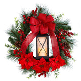 28” Poinsettia and Berry Holiday Lantern Christmas Wreath with LED Candle-Wreath-Parc Decor