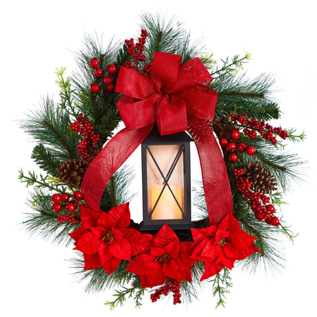 28” Poinsettia and Berry Holiday Lantern Christmas Wreath with LED Candle-Wreath-Parc Decor