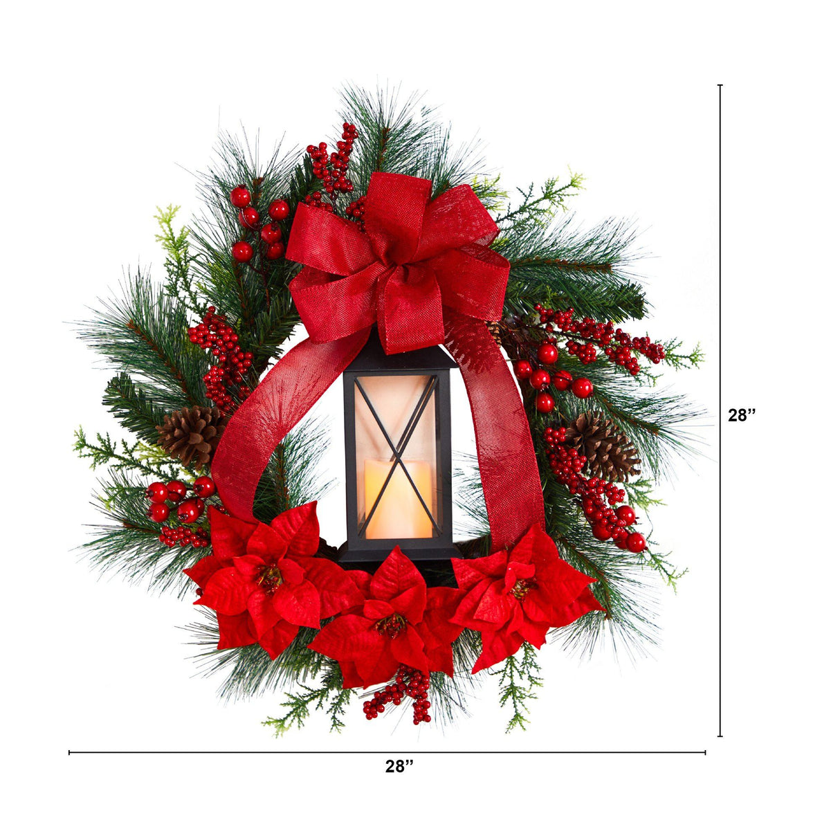 28” Poinsettia and Berry Holiday Lantern Christmas Wreath with LED Candle-Wreath-Parc Decor