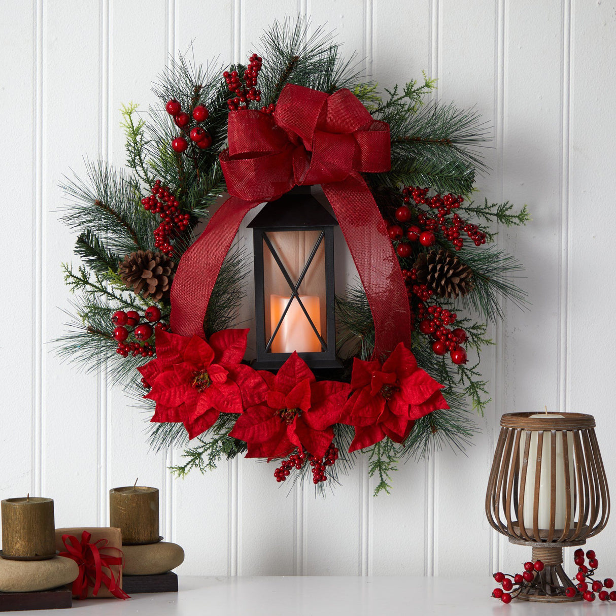 28” Poinsettia and Berry Holiday Lantern Christmas Wreath with LED Candle-Wreath-Parc Decor