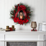 28” Poinsettia and Berry Holiday Lantern Christmas Wreath with LED Candle-Wreath-Parc Decor