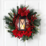 28” Poinsettia and Berry Holiday Lantern Christmas Wreath with LED Candle-Wreath-Parc Decor