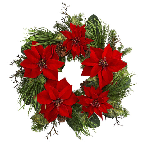 28” Poinsettia and Pine Wreath-Wreath-Parc Decor