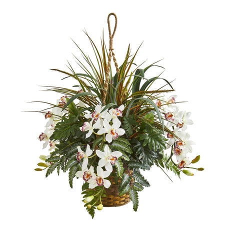 29” Cymbidium Orchid and Mixed Greens Artificial Plant Hanging Basket-Parc Decor