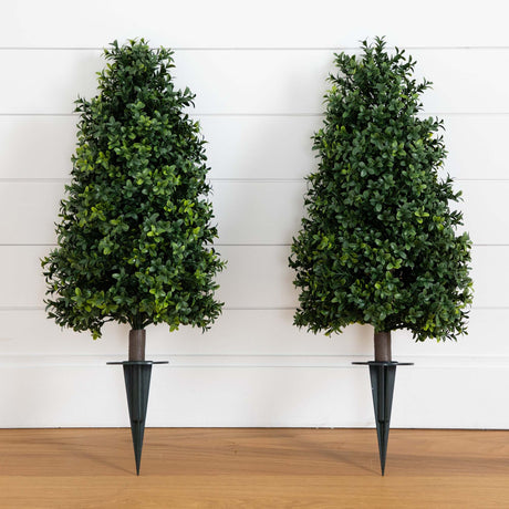 2.5' UV Resistant Artificial Boxwood Plant with Integrated Ground Stake (Indoor/Outdoor) - Set of 2-Plant-Parc Decor