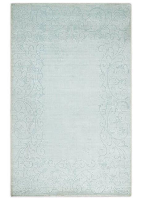 2.6x10 and 5x8 Hand Woven and Carved Silver and Gray Floral Art Silk Rug