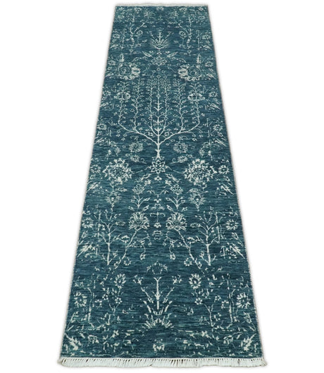 2.6x10 Fine Hand Knotted White and Blue Traditional Persian Style Antique Wool Rug