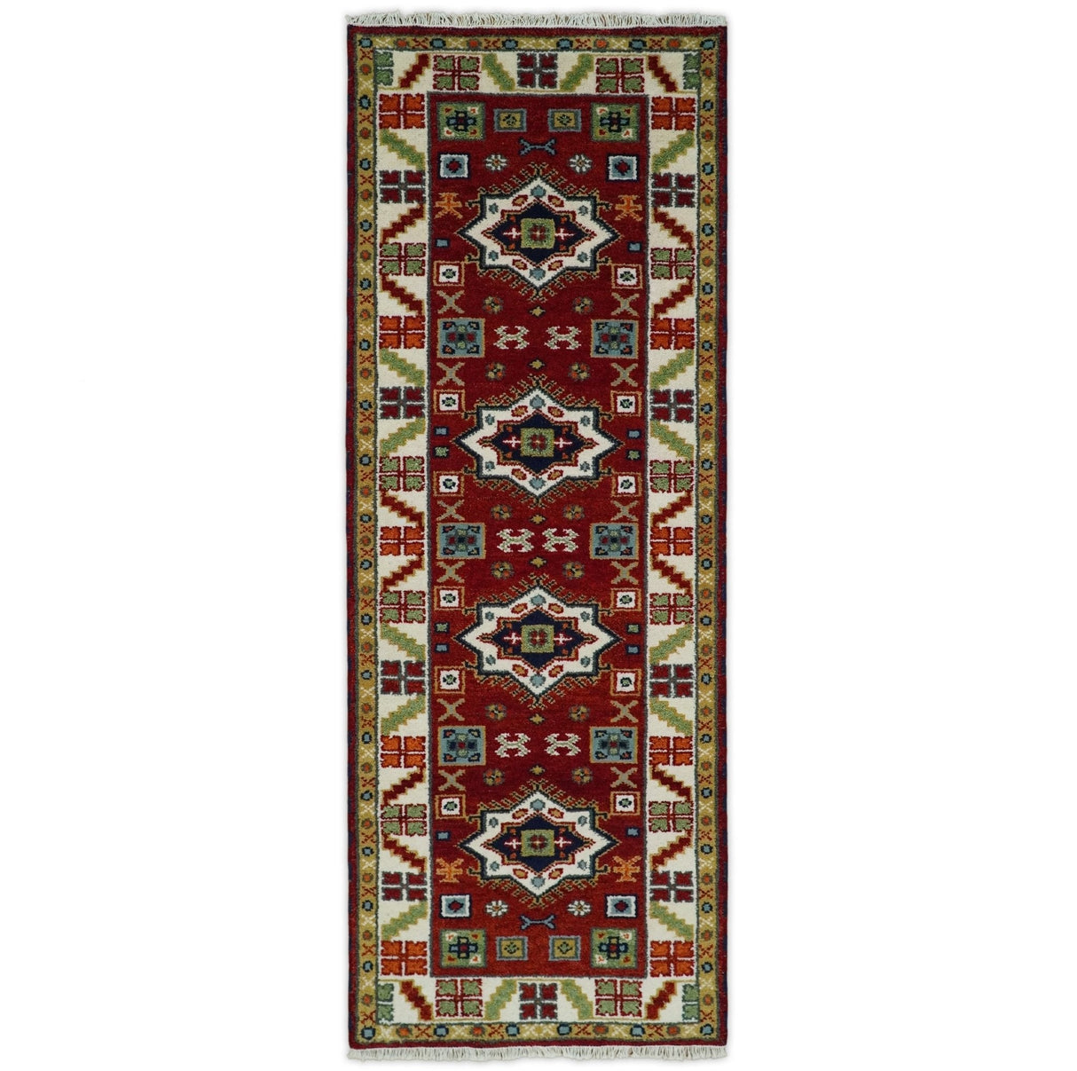 2.6x8 Hand Knotted Traditional Kazak Red And Ivory Wool Rug