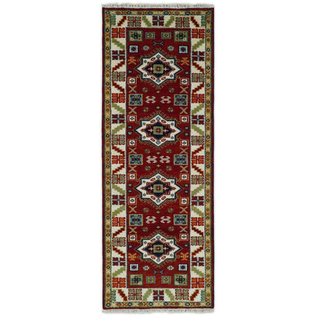 2.6x8 Hand Knotted Traditional Kazak Red And Ivory Wool Rug