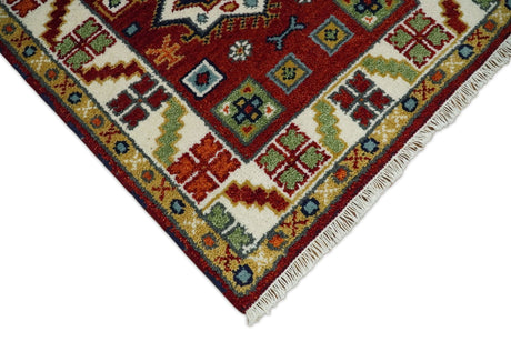 2.6x8 Hand Knotted Traditional Kazak Red And Ivory Wool Rug