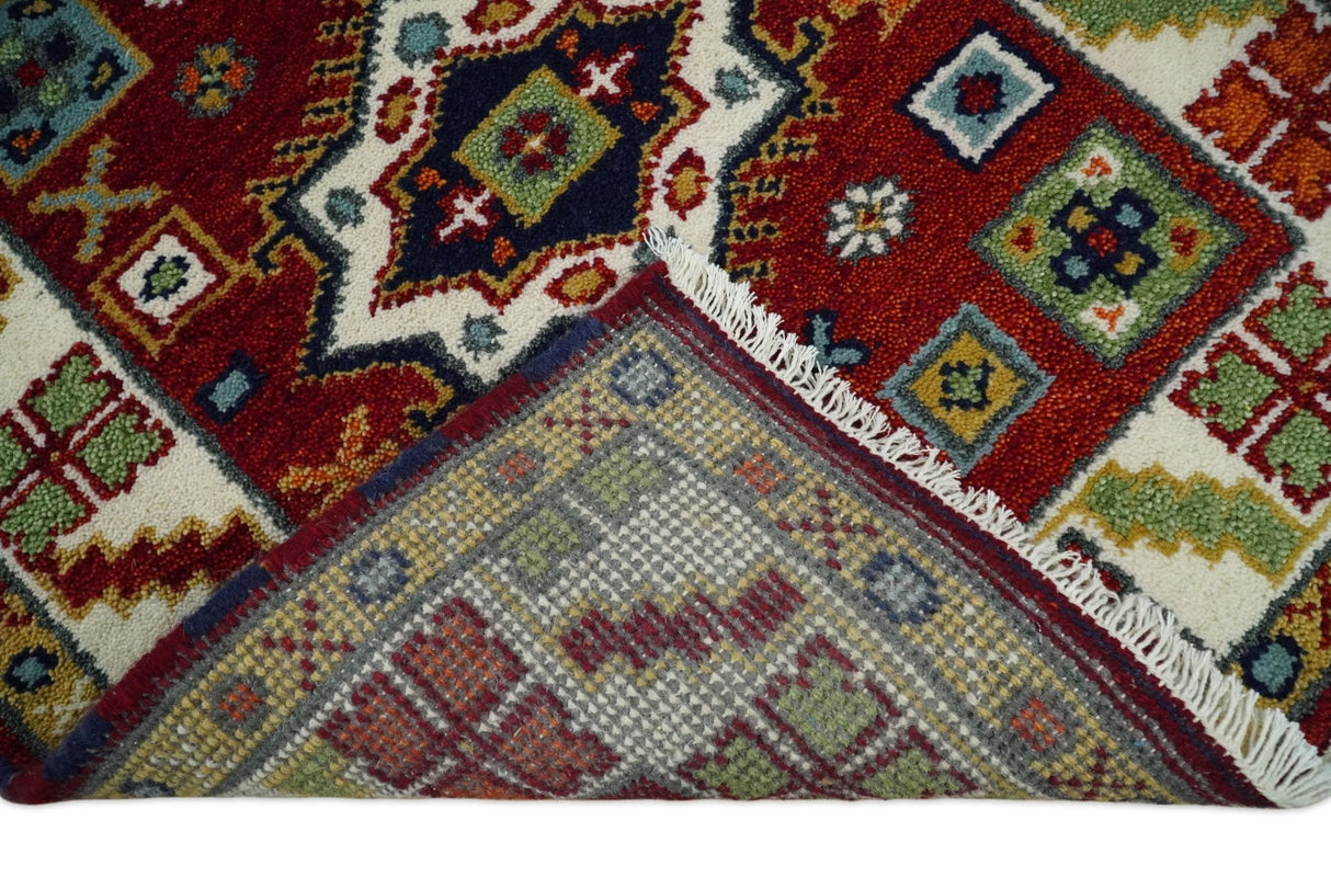 2.6x8 Hand Knotted Traditional Kazak Red And Ivory Wool Rug