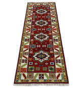 2.6x8 Hand Knotted Traditional Kazak Red And Ivory Wool Rug