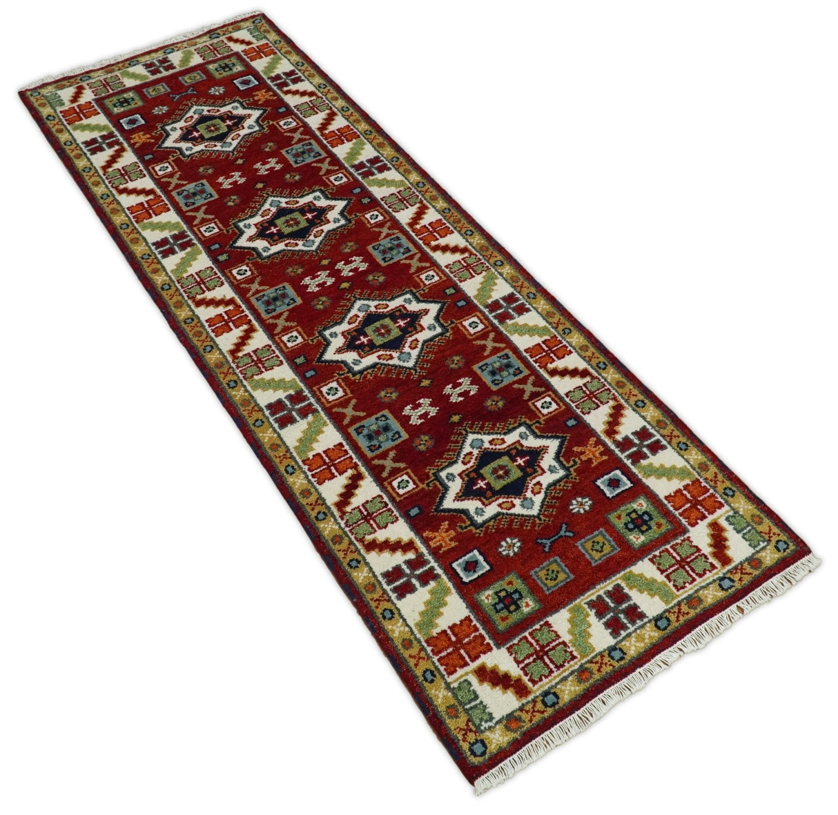2.6x8 Hand Knotted Traditional Kazak Red And Ivory Wool Rug