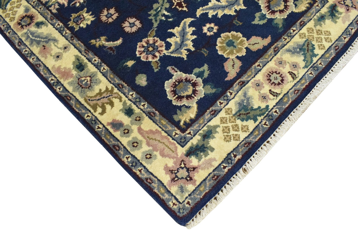 2.6x8 Traditional Blue and Beige Hand Knotted Wool Area Rug