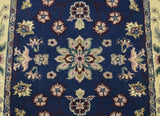 2.6x8 Traditional Blue and Beige Hand Knotted Wool Area Rug