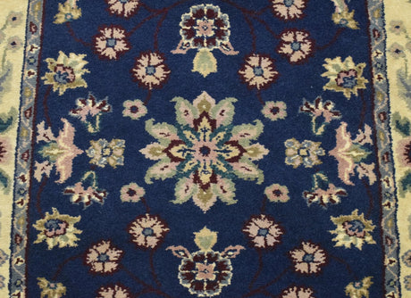 2.6x8 Traditional Blue and Beige Hand Knotted Wool Area Rug