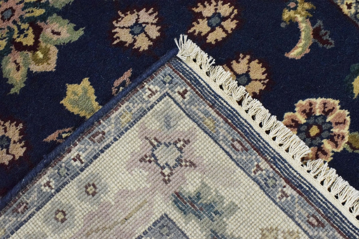 2.6x8 Traditional Blue and Beige Hand Knotted Wool Area Rug