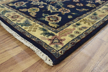 2.6x8 Traditional Blue and Beige Hand Knotted Wool Area Rug