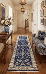 2.6x8 Traditional Blue and Beige Hand Knotted Wool Area Rug